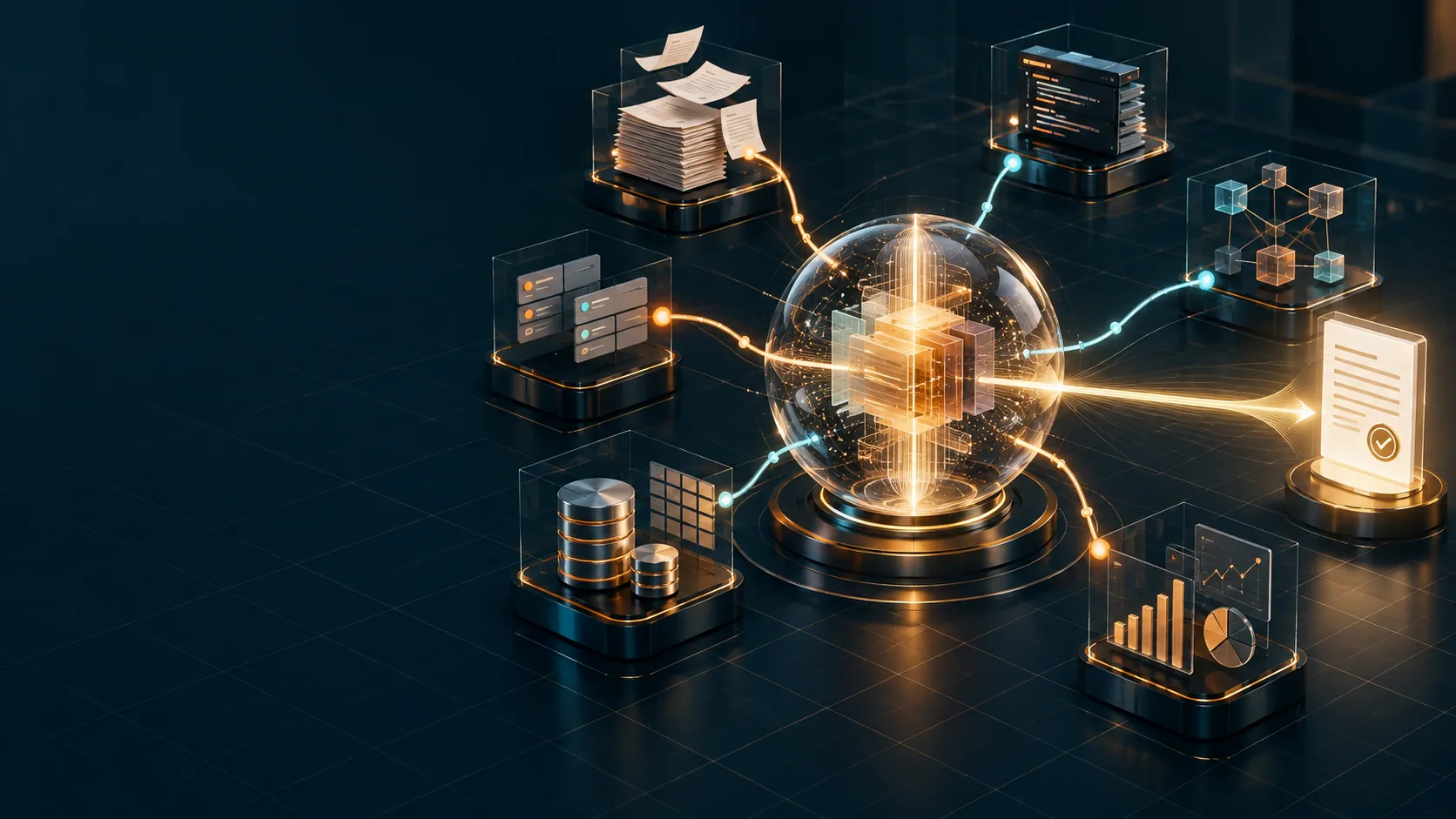 Documents, source code, work records and operational data connected through one governed knowledge layer