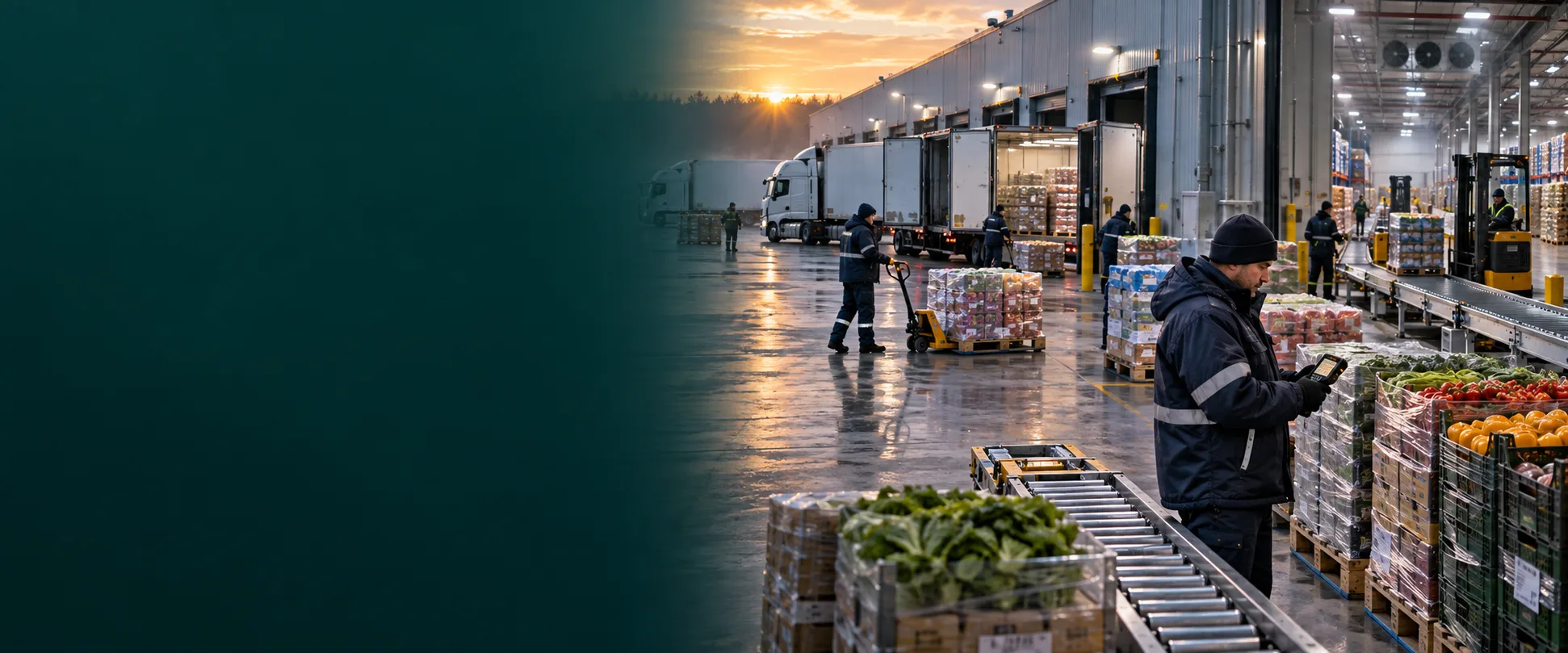 A refrigerated food-service distribution center moves produce and supplies through time-sensitive loading operations.
