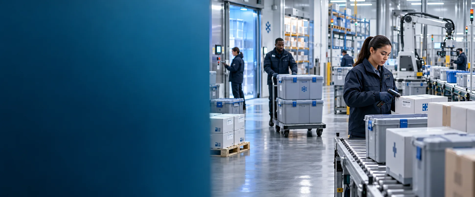 Healthcare distribution professionals move temperature-controlled medicine and medical supplies through a regulated facility.