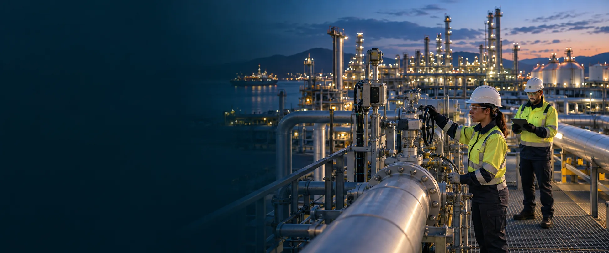 Field engineers inspect pipeline and metering equipment at a large energy-processing facility.