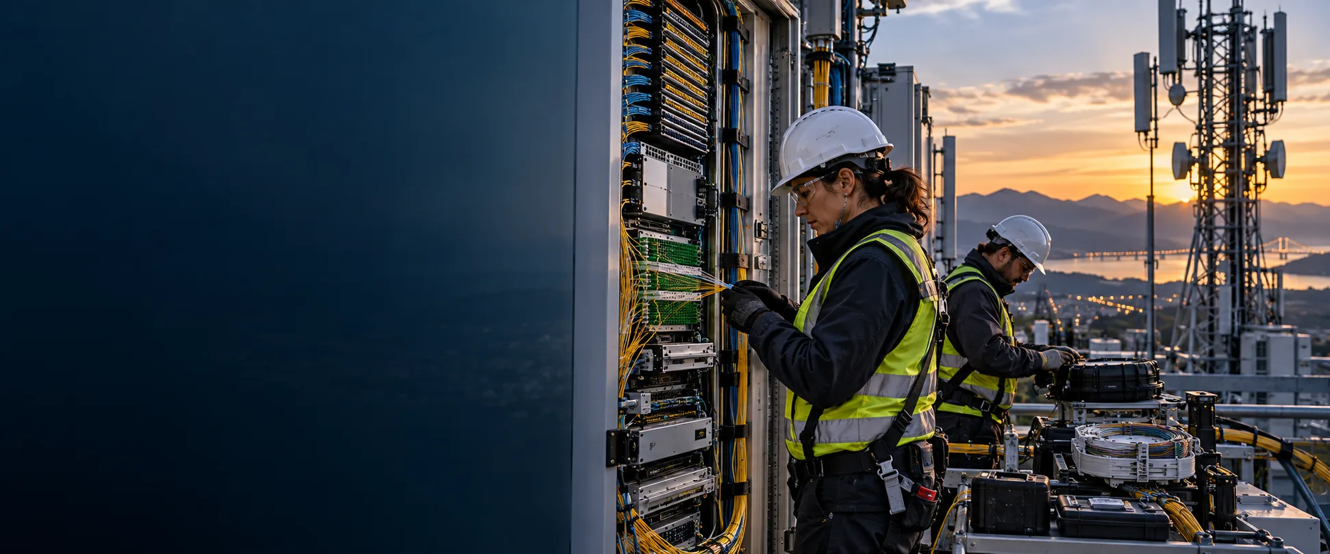 Telecommunications field engineers work across fiber infrastructure and a wireless network site.