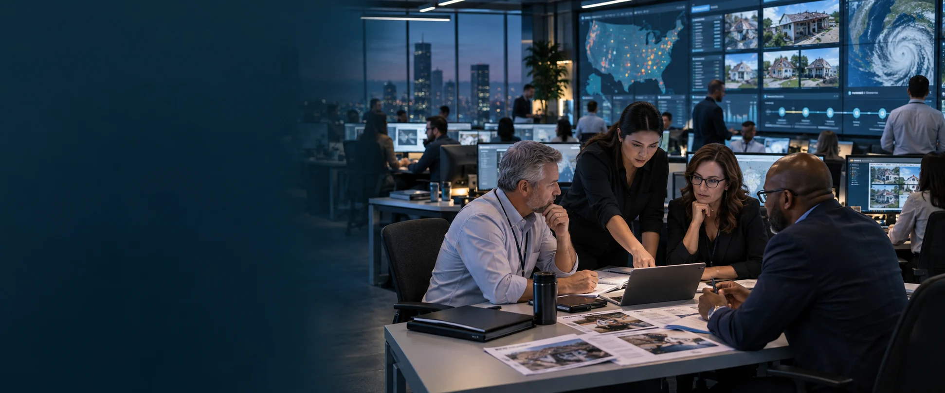 Claims professionals coordinating AI-assisted review and exception handling in an enterprise operations center
